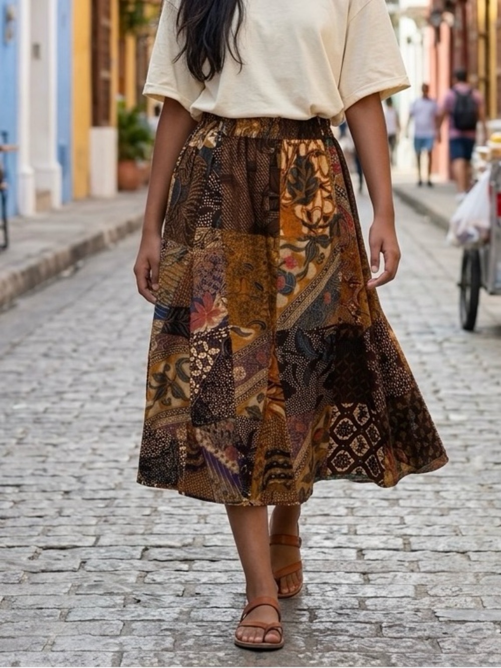 GO FISH Brown Bohemian Patchwork Midi Skirt Sz S